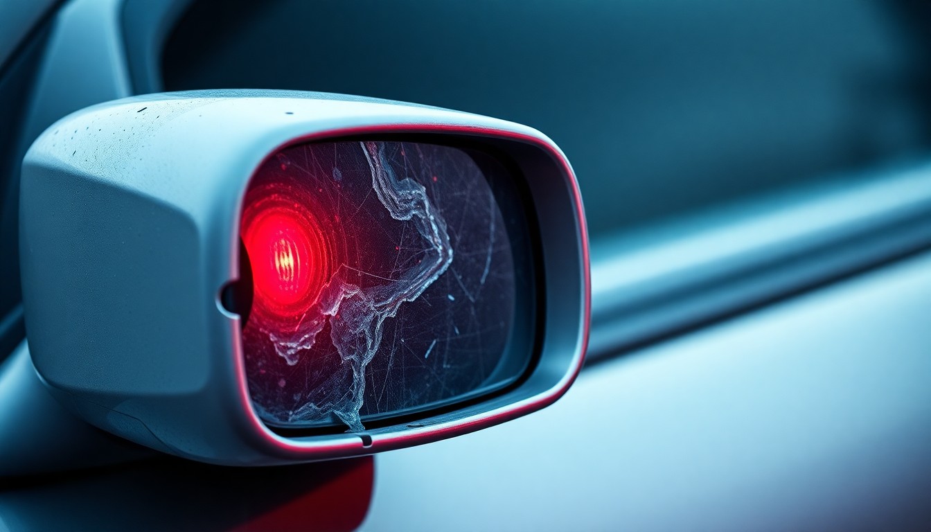 An extreme close-up photograph of a damaged car side mirror, reflecting a faint red light, conceptually illustrating the aftermath of a late-night pedestrian accident.