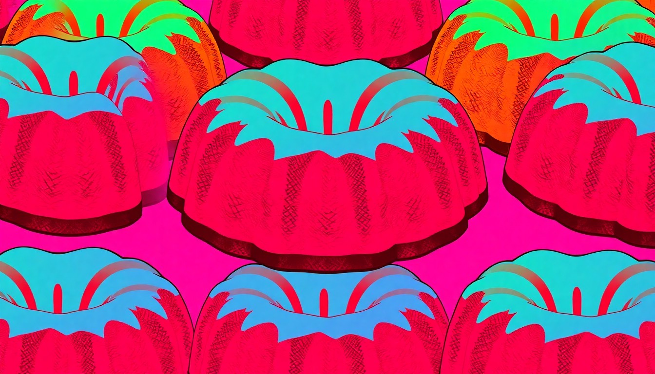 A brightly colored, high-contrast silkscreen print of a single, iconic Bundt cake repeated in a tight grid pattern, conceptually representing the brand's creative seasonal offerings.