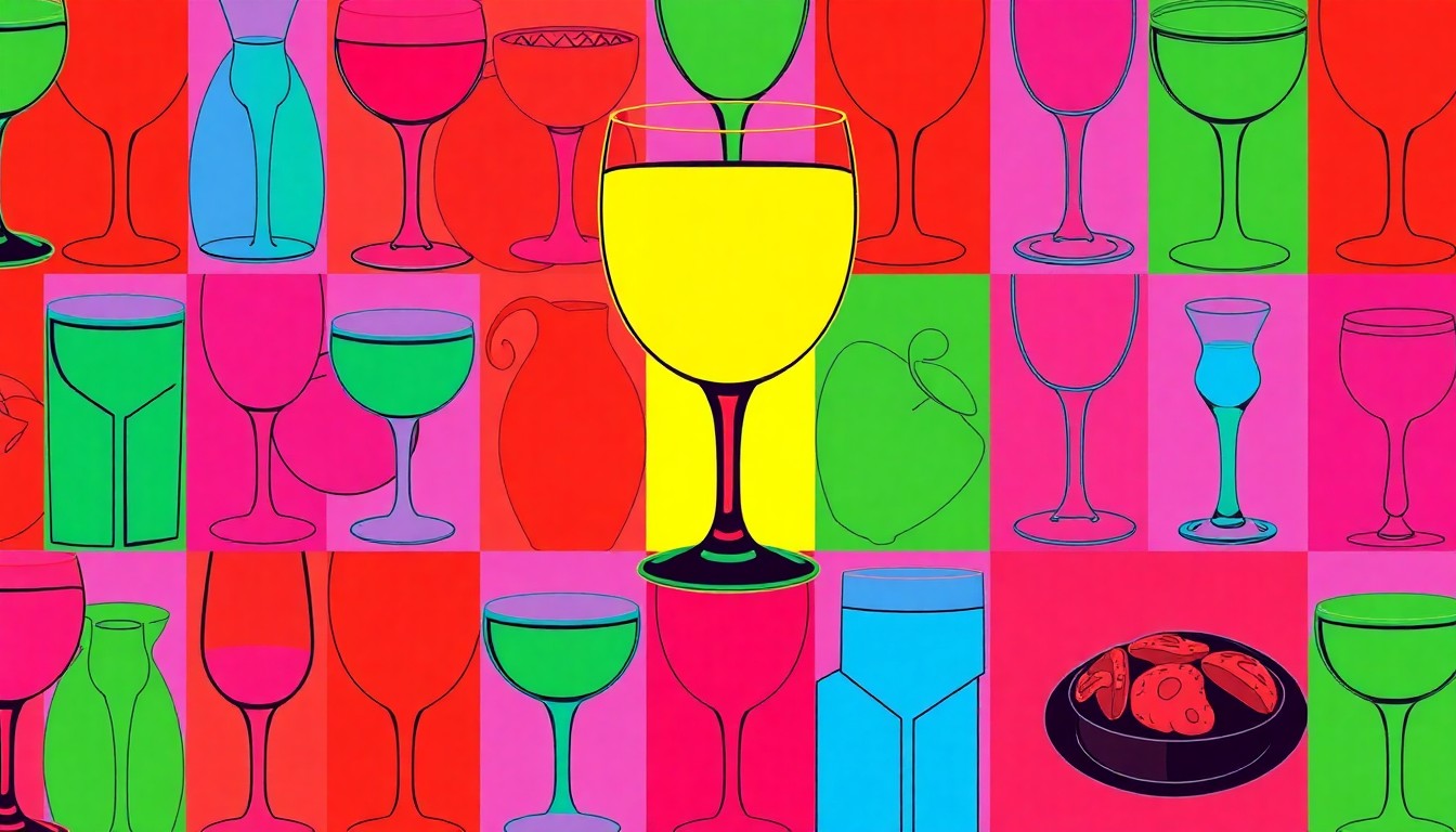 A high-contrast, silkscreen-style illustration of a cocktail glass repeated in a grid pattern, using bold neon colors and heavy black outlines to capture the lively, design-forward aesthetic of Bar Di Bello.
