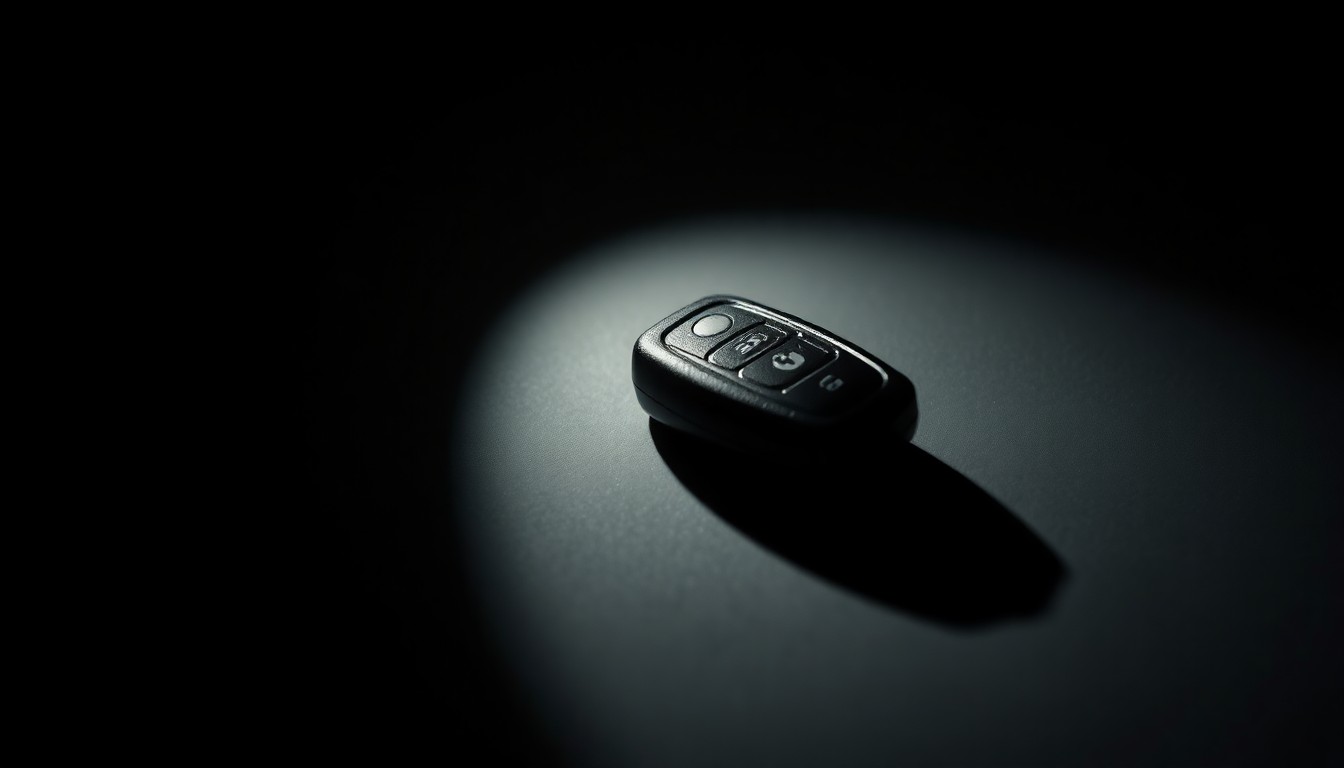 An extreme close-up photograph of a car key or other small automotive part lit by a harsh, direct camera flash against a pitch-black background, conceptually representing the investigation into financial irregularities at the motorsports hall of fame.