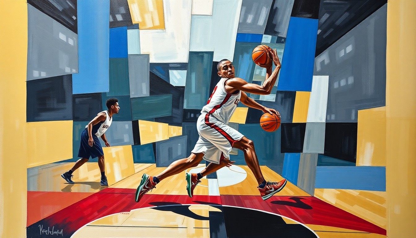 A fragmented, geometric painting depicting the overlapping movements and perspectives of a basketball player, conveying the chaotic nature of roster changes in the modern college game.
