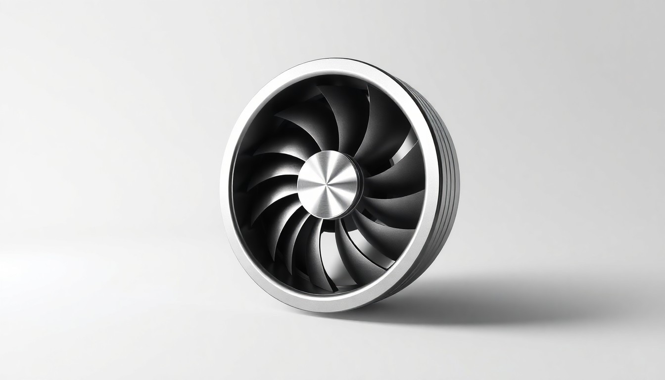 A highly detailed, photorealistic image of a polished metal aerospace component, such as a turbine blade or precision gear, floating on a clean, monochromatic background and dramatically lit to showcase its technical precision.