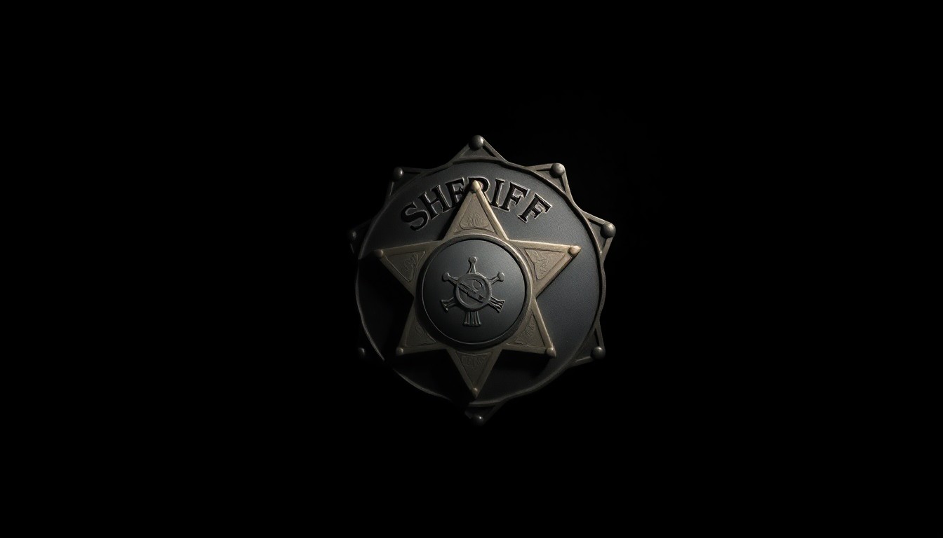 An extreme close-up photograph of a slightly tarnished sheriff's badge against a pitch-black background, conceptually representing the tarnished reputation and removal from office of the former sheriff.