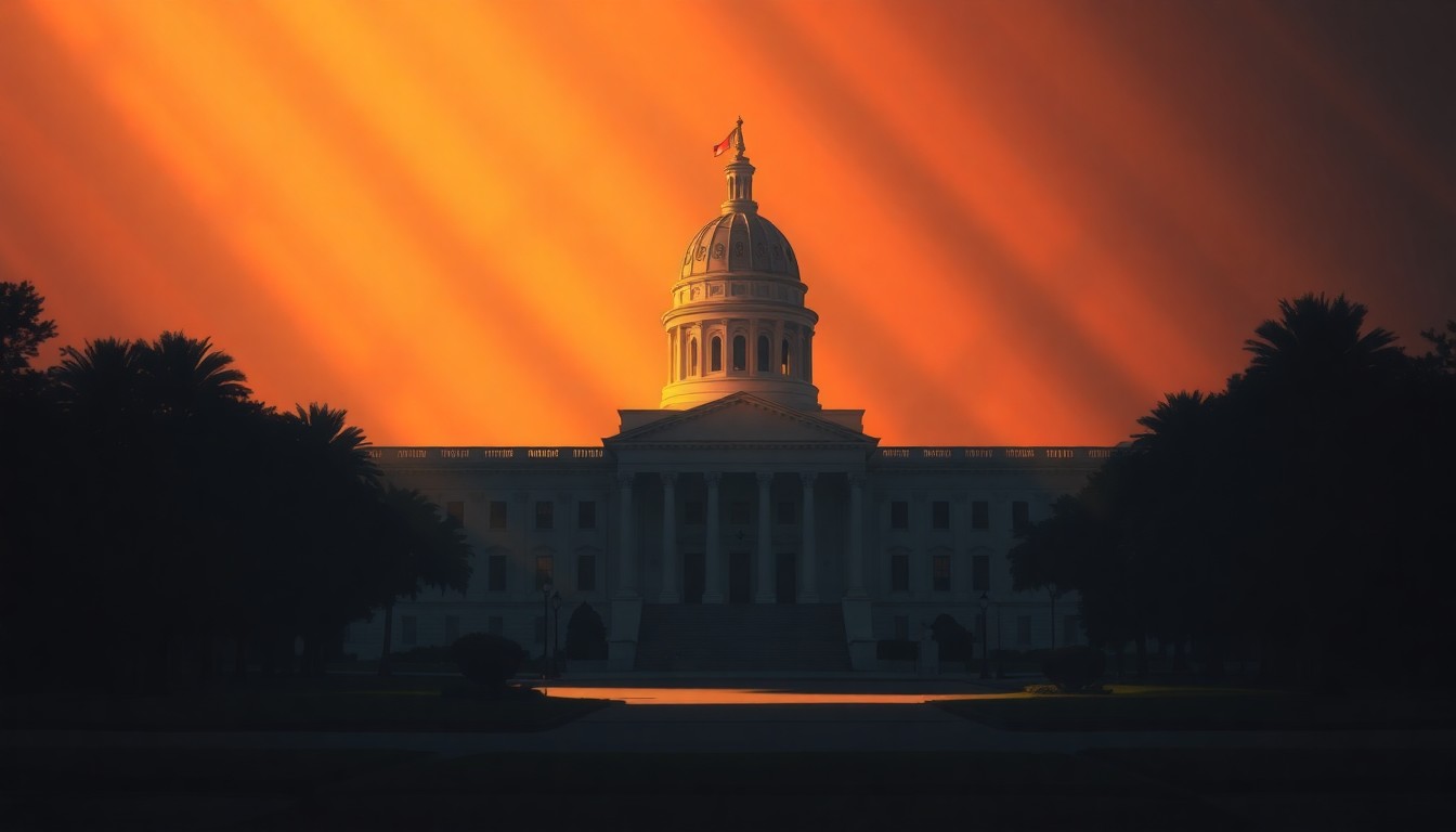 A photorealistic painting of a Florida state capitol building in warm, golden sunlight, with deep shadows casting across the facade, conveying a sense of political tension and uncertainty.