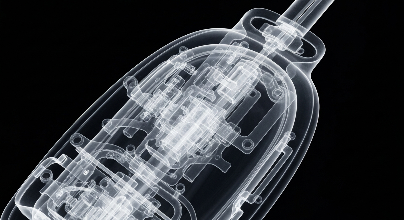 A ghostly, translucent X-ray image revealing the intricate internal components of a healthcare technology device, conveying the technical complexity behind the industry's move towards value-based care models.