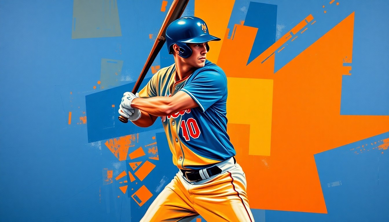 A fragmented, cubist-style painting depicting the dynamic motion of a baseball player's batting swing, with bold strokes of blue and orange representing the Mets team colors.