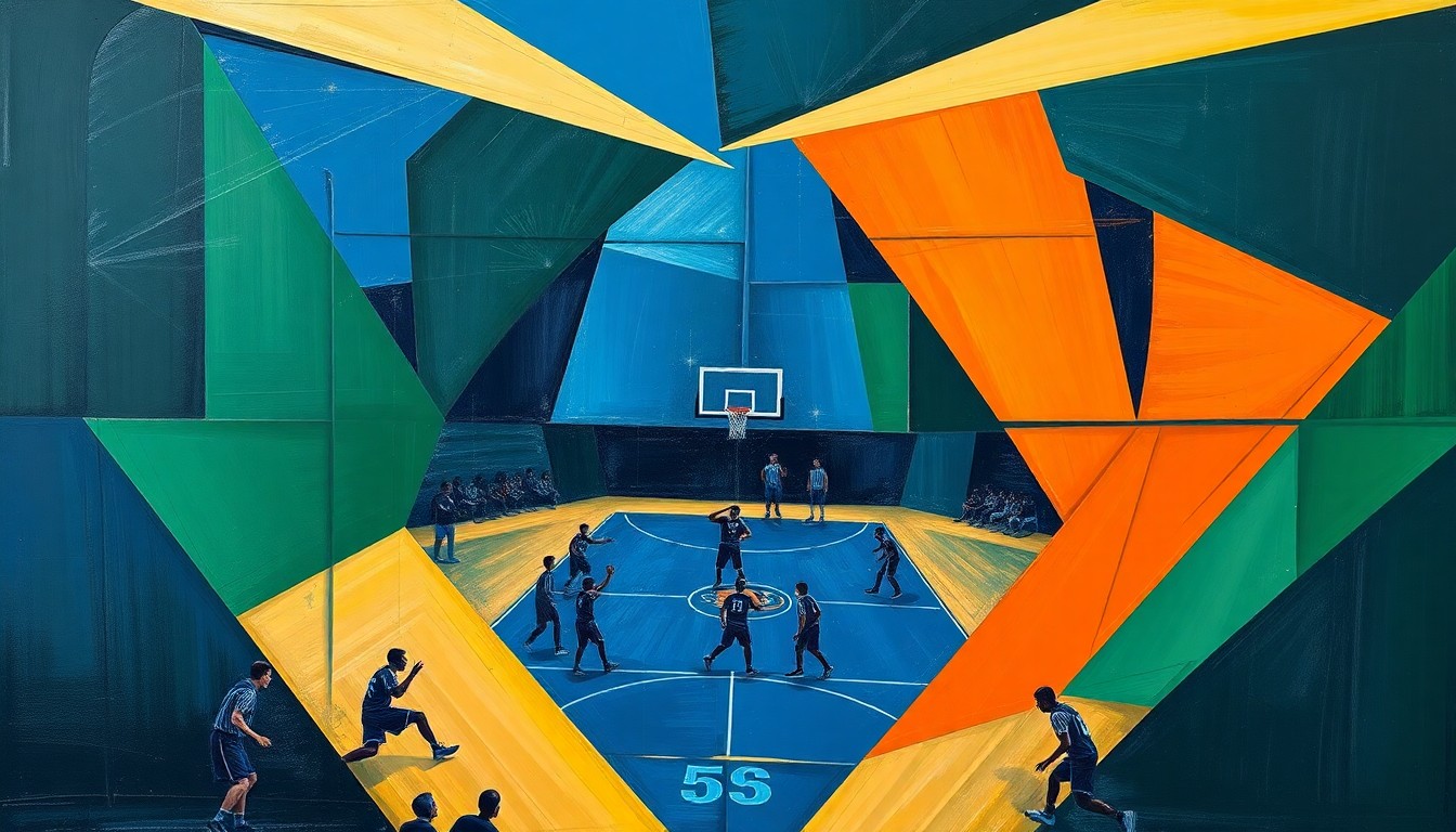 A cubist, geometric painting depicting the fragmented movements and perspectives of a high school basketball game, using bold colors and sharp, overlapping shapes to convey the dynamic energy of the sport.
