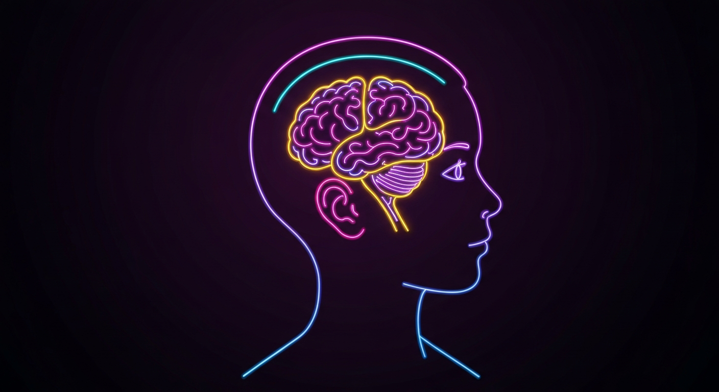 A glowing neon outline of a young person's head with a brain-like structure inside, representing the impact of digital technology on the developing mind.