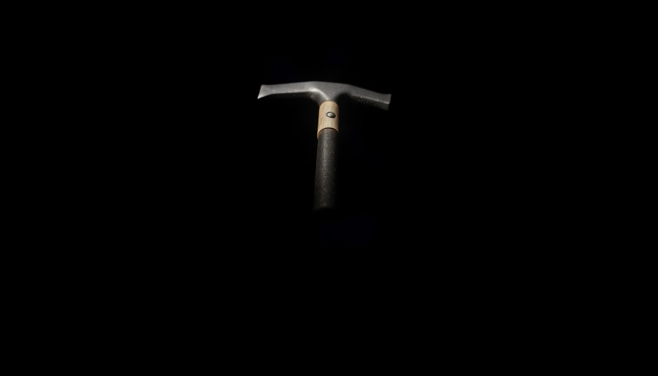 An extreme close-up photograph of a mattock, a sharp tool used to loosen soil, lit by a harsh, direct camera flash against a pitch-black background, conceptually representing the violent nature of this crime.