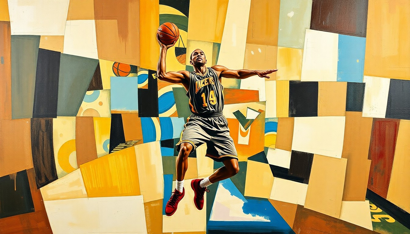 A cubist, geometric painting depicting the fragmented movements of a basketball player, conceptually representing the unexpected roster changes facing the Kentucky Wildcats.