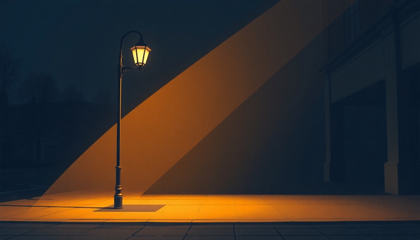 A cinematic, nostalgic painting of a solitary street lamp casting warm, diagonal light and deep shadows on an empty urban sidewalk, evoking a contemplative mood around the debate over government surveillance and public records.