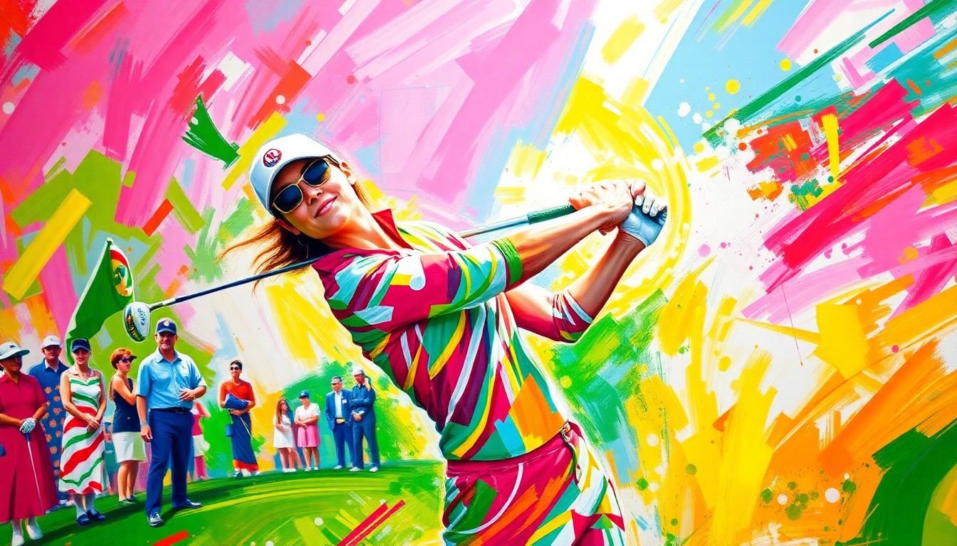 An extreme close-up of Maria Jose Marin's golf swing, captured in a vibrant, expressionist painting style with rapid brushstrokes and neon colors, conveying the raw energy and emotion of her historic triumph.