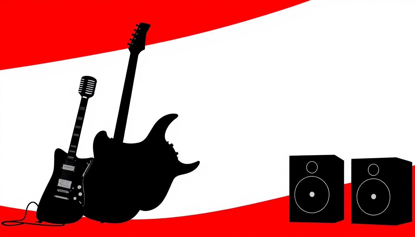A minimalist, abstract illustration featuring black silhouettes of a guitar, microphone, and speakers against a high-contrast red and white background, conceptually representing a community-driven music event.