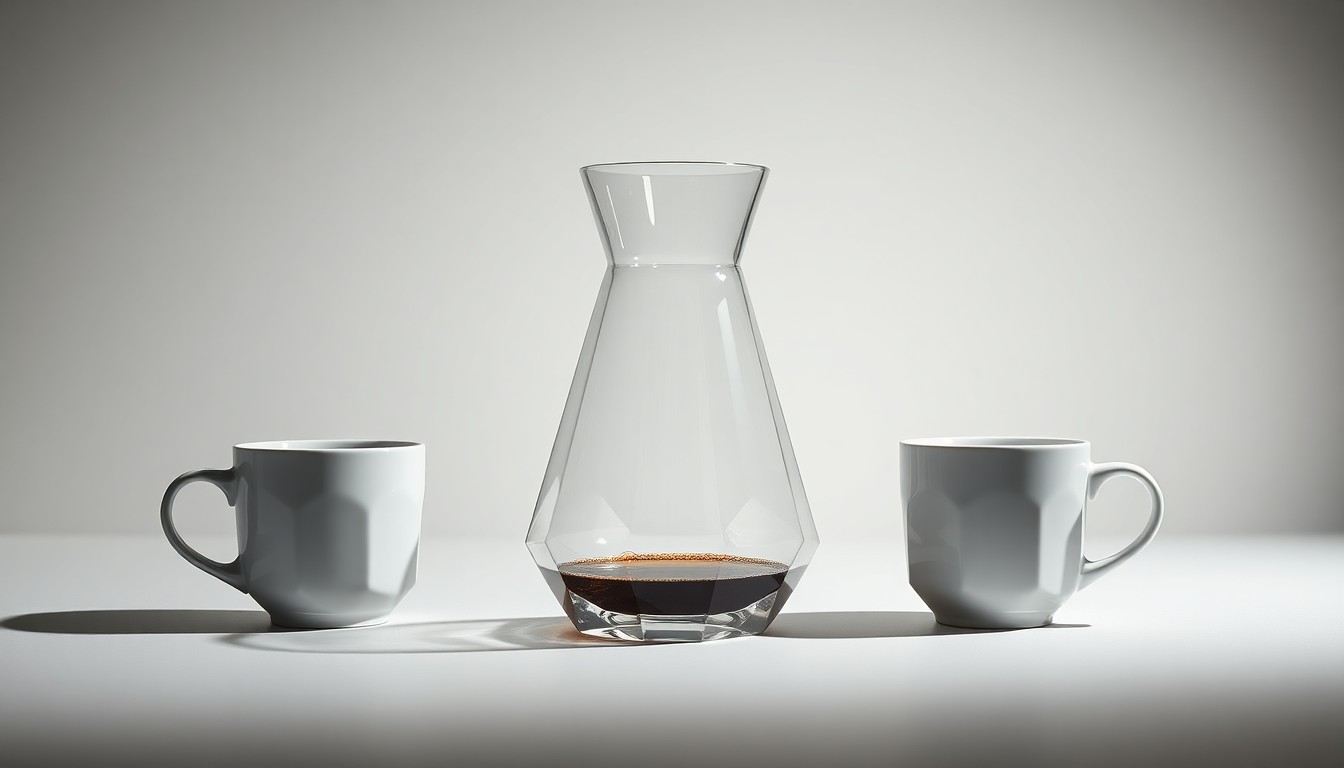 A high-end, photorealistic studio still-life photograph featuring a polished, geometric glass coffee carafe and matching ceramic mugs arranged elegantly on a clean, monochromatic background, conceptually representing the premium, refined nature of Mojo Coffee's specialty offerings.
