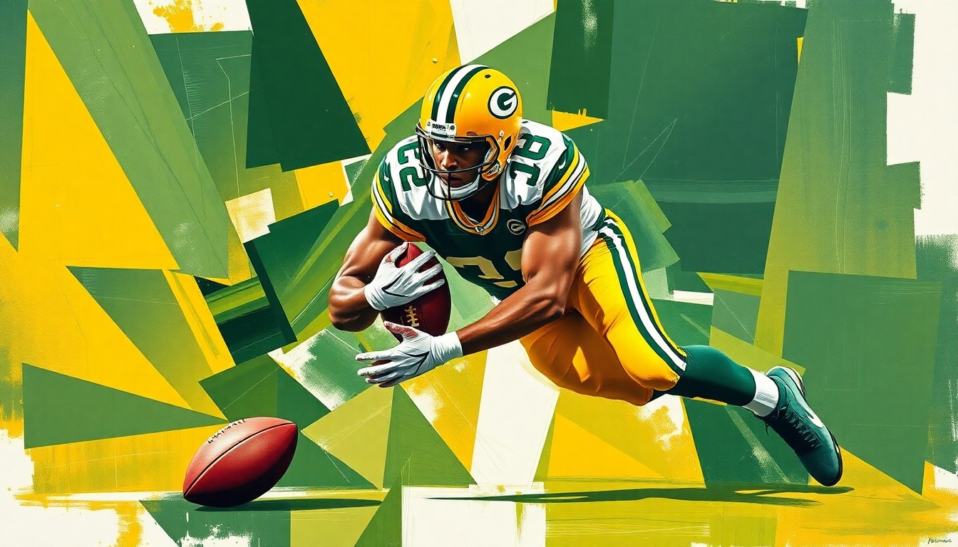 A fragmented, geometric painting depicting the explosive movement and power of a defensive tackle making a tackle, using bold colors and angular shapes to capture the intensity of the action.