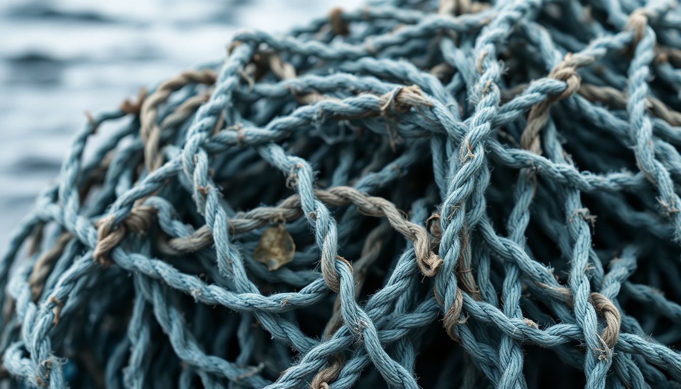 An abstract close-up photograph of a tattered, weathered fishing net in muted shades of blue and gray, conveying the harsh realities of commercial fishing in the Bering Sea.