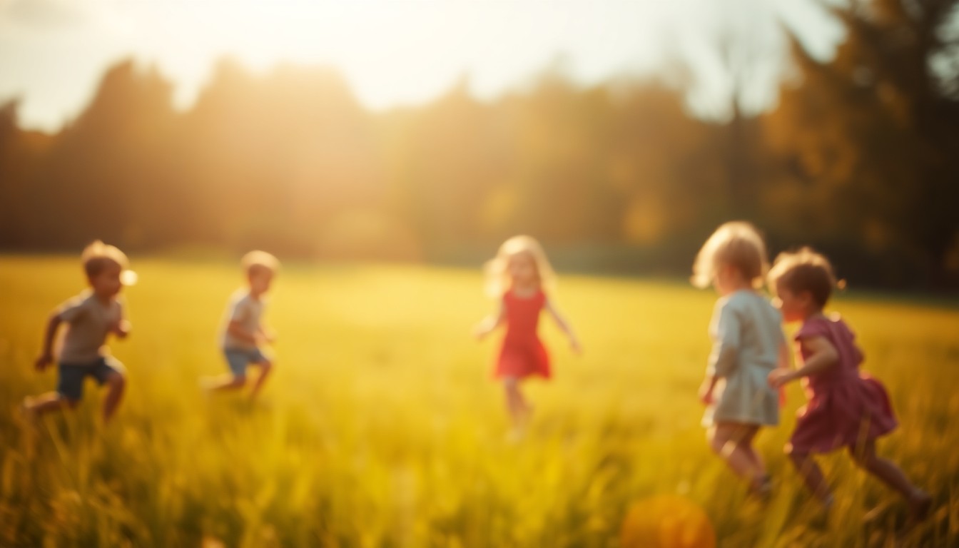 An abstract, impressionistic photograph of children playing on a grassy field, with soft, warm light and color creating a dreamlike, atmospheric scene.