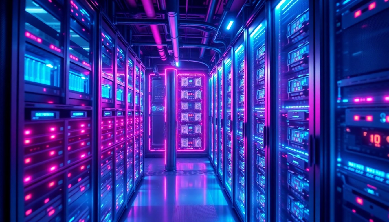 A highly detailed, glowing 3D illustration of a futuristic data center server rack, with neon cyan and magenta lights illuminating the complex network of cables, cooling systems, and processing units, conceptually representing the immense scale and power required to support the growing demand for AI and generative AI applications.