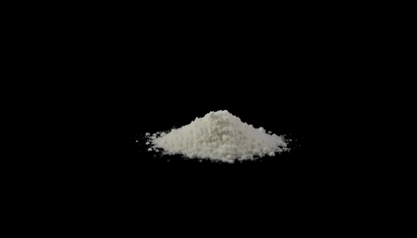 An extreme close-up photograph of a small pile of white powder, possibly cocaine, lit by a harsh, direct camera flash against a pitch-black background, creating a stark, gritty, investigative aesthetic.