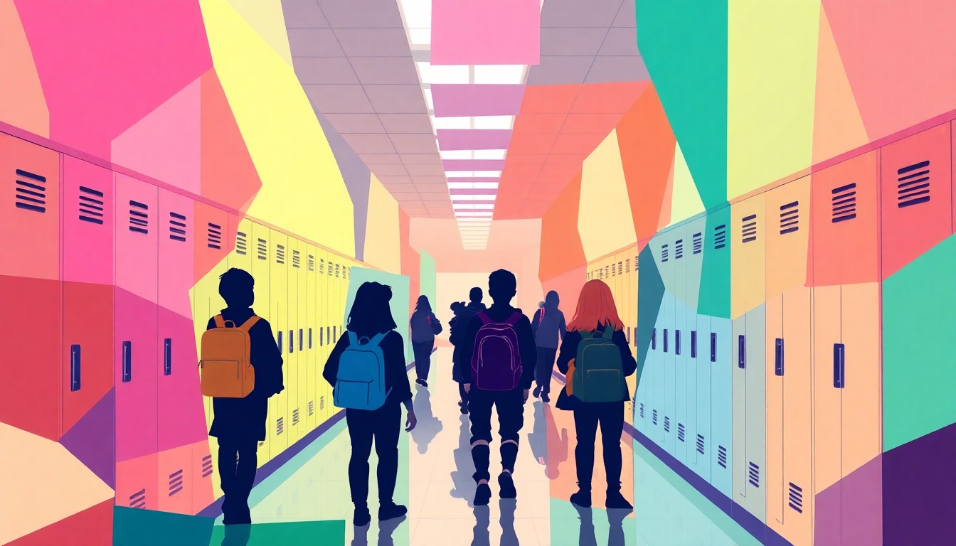 A dynamic, abstract painting of a school hallway with overlapping geometric shapes and silhouettes of students, conveying the disruption and uncertainty facing transgender students due to policy changes.