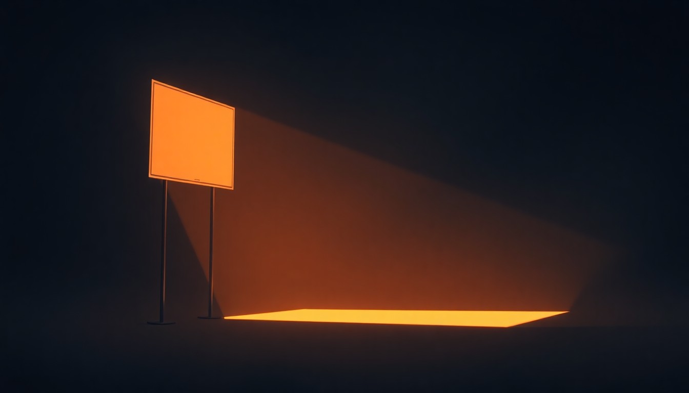 A photorealistic painting in the style of Edward Hopper, depicting a lone campaign sign or podium standing in a dimly lit urban setting, with warm sunlight casting dramatic shadows across the scene.