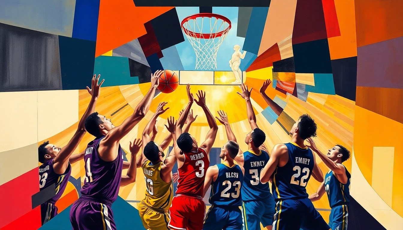 A cubist, geometric painting depicting the final moments of a basketball game, with sharp, overlapping planes of color representing the players and action on the court.