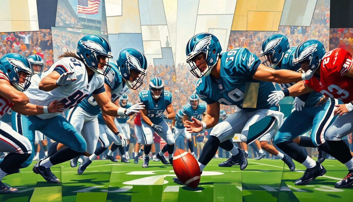 A cubist, geometric painting depicting a football game in progress, with the players' forms broken down into sharp, overlapping planes of color and shape, conveying the emotional tension and energy of the conflict on the field.