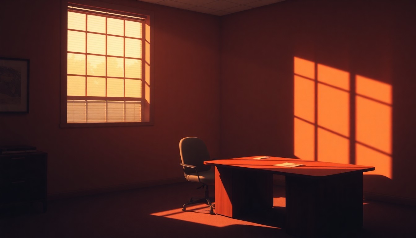 A dimly lit government office desk sits alone in a room, the sunlight streaming in through a window and casting long shadows across the surface. The scene has a pensive, contemplative mood, reflecting the gravity of the DOI's oversight role.
