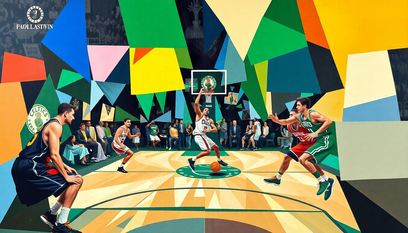 A cubist, geometric painting depicting a fragmented Celtics basketball game, with the players' forms abstracted into angular, colorful shapes and the court and ball also broken down into overlapping planes.