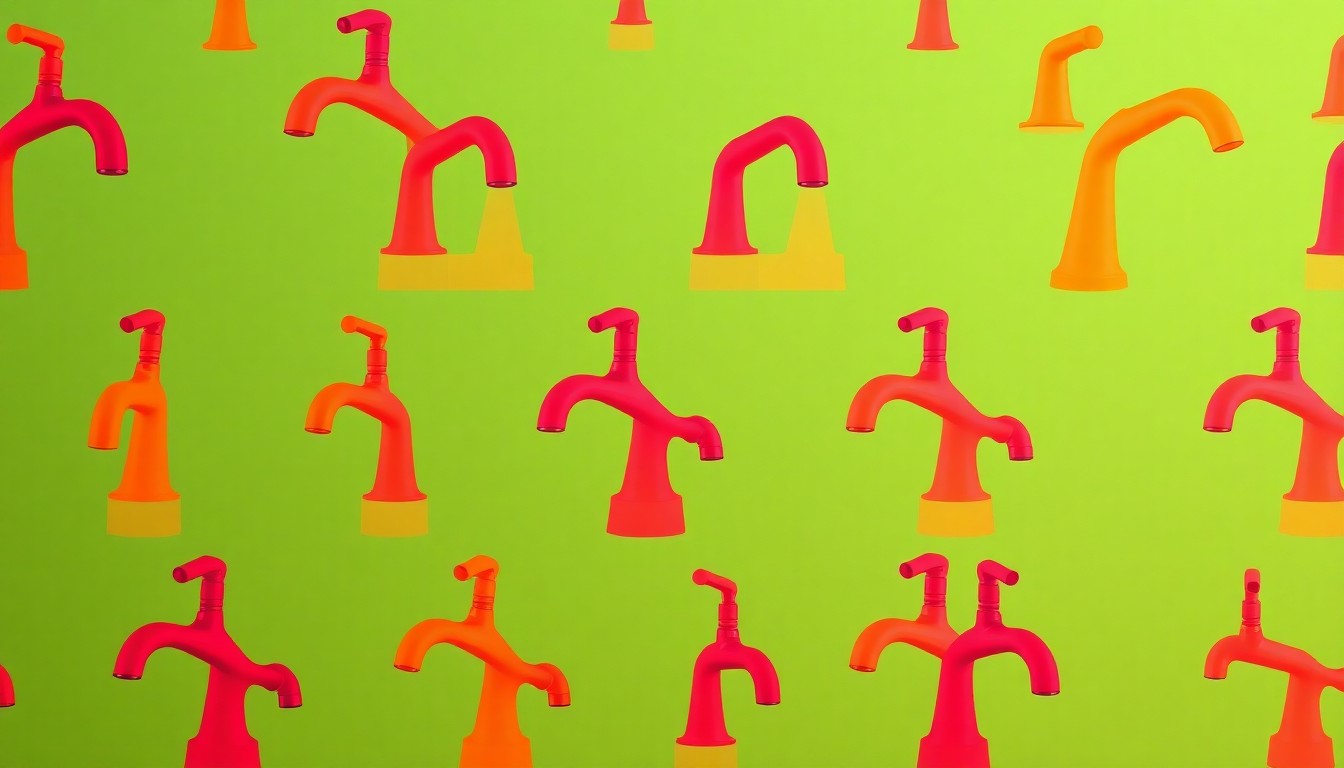 A bold, graphic illustration of a kitchen faucet repeated in a grid pattern, rendered in a vibrant, neon color palette with heavy black outlines, conceptually representing the expanded product selection and design services offered by a home renovation company.