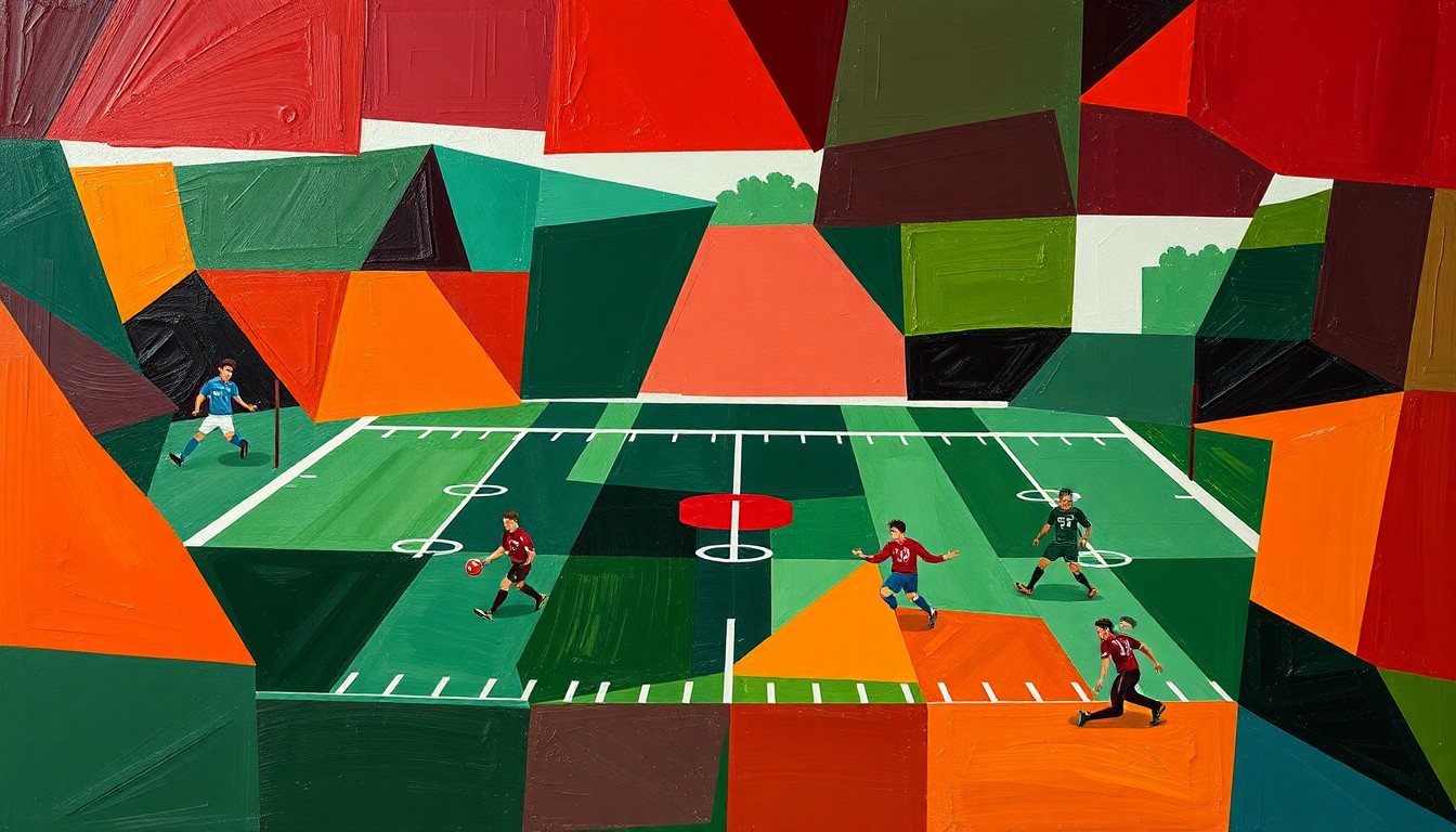 A cubist, geometric painting depicting fragmented, overlapping shapes and planes in shades of maroon, green, and orange, conceptually representing the intensity and energy of a football practice or game.
