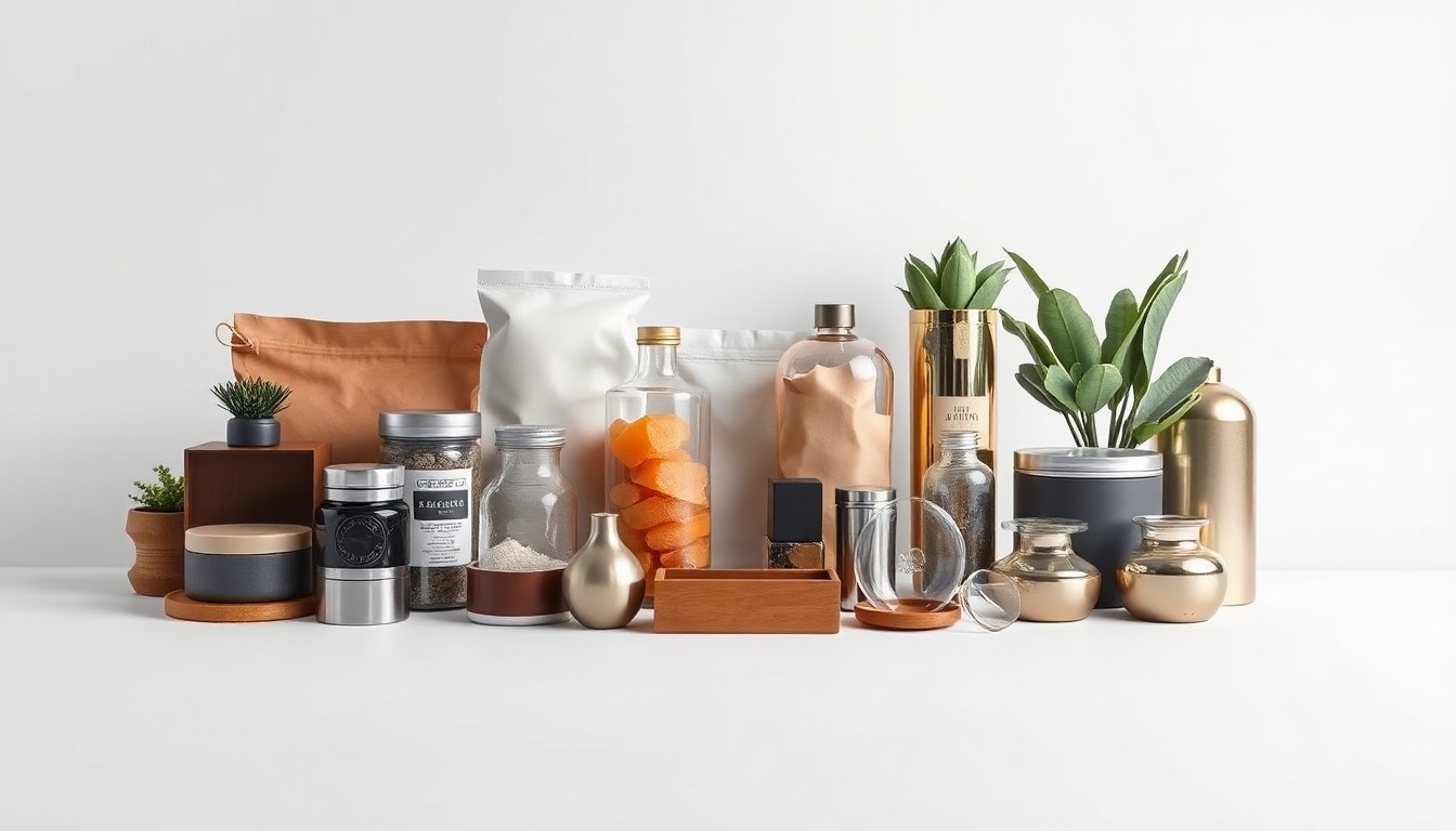 A high-end, photorealistic studio still life featuring a collection of premium, polished objects arranged elegantly on a clean, monochromatic background, conceptually representing the diverse array of community-focused businesses that have revitalized the historic Warnors Center in downtown Fresno.
