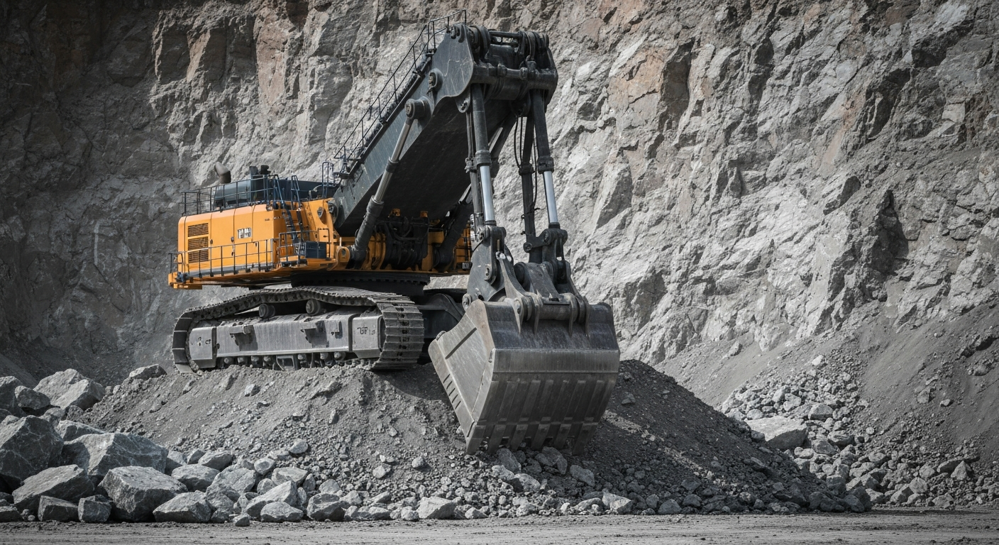 An extreme close-up of rugged, industrial mining equipment and machinery, representing the physical, mechanical nature of the mining industry.