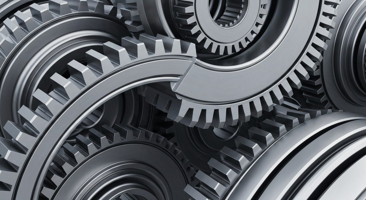 An extreme close-up of intricate, interlocking metal gears and machinery in shades of silver and steel, conveying the industrial might and technological sophistication of the aerospace and defense industry.