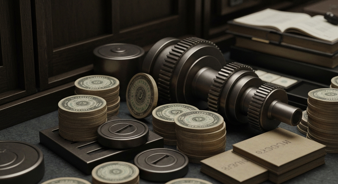 An extreme, cinematic close-up of heavy, industrial banking machinery and objects, conveying a sense of financial security and institutional wealth without using literal currency or charts.