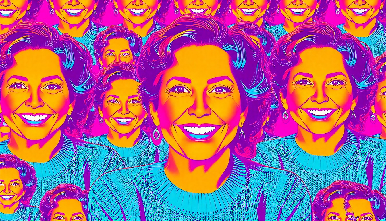 A colorful, abstracted portrait of a smiling woman in a blue sweater, repeated in a grid pattern with bold, neon-like colors and heavy black outlines, conceptually representing the recognition of a community leader's impactful work.