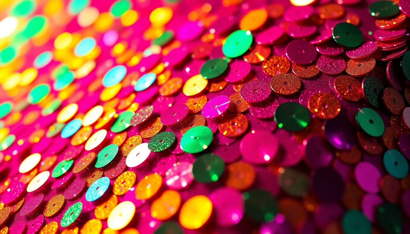 An abstract close-up photograph featuring a dramatic, high-contrast composition of shimmering sequins in a variety of vivid colors, capturing the glitz and glamour of a Cardi B live performance.