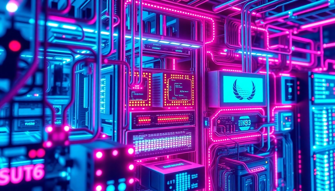 A highly detailed, glowing 3D macro illustration of a complex cloud computing infrastructure, with neon cyan and magenta lights illuminating the various hardware components and data flows, conceptually representing the need for effective AI-driven reliability engineering in modern cloud systems.