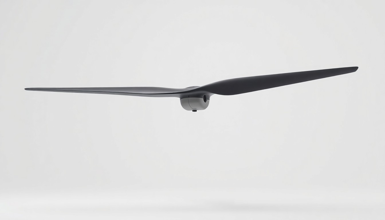 A high-end, photorealistic studio still-life photograph featuring a sleek, polished electric propeller suspended in mid-air against a clean, monochromatic background, symbolizing the advanced technology powering Archer Aviation's eVTOL aircraft.
