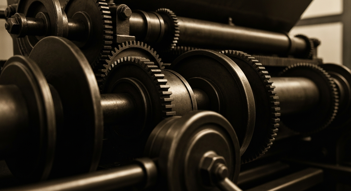 An extreme close-up of the complex, interlocking metal gears and components of an industrial tobacco processing machine, conveying the scale and mechanical power of the tobacco industry.