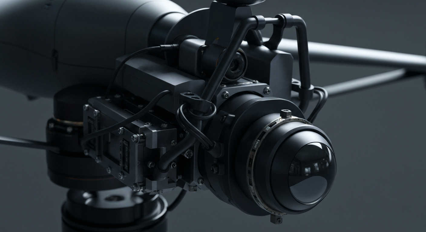 An extreme close-up of the intricate mechanical parts and sensors of an AeroVironment drone, highlighting the advanced engineering and technology behind the company's unmanned aerial systems.