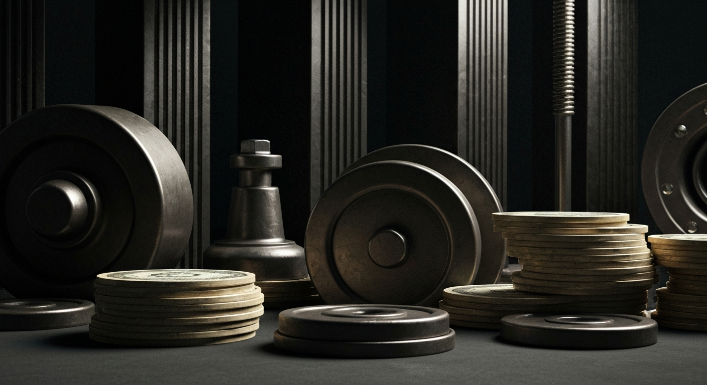An extreme close-up of gears, levers, and other industrial machinery, conveying the complex, powerful mechanics of the financial industry without using literal currency or charts.