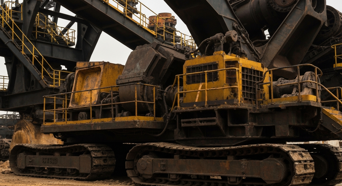 An extreme close-up of large, industrial mining equipment and machinery, capturing the heavy, physical nature of rare earth element and lithium extraction without using literal currency or financial symbols.