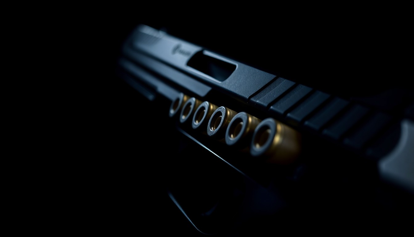 An extreme close-up photograph of a handgun magazine loaded with bullets, lit by a harsh, direct camera flash against a pitch-black background, conceptually illustrating the threat of gun violence.