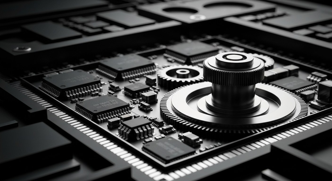 A high-contrast, close-up image of the intricate mechanical and electronic components that make up a powerful semiconductor chip, conveying a sense of the technological sophistication and engineering prowess behind Marvell Technology's products.