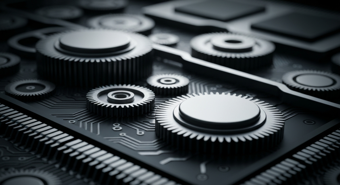 An extreme close-up of the intricate, metallic components and circuitry inside a high-performance computer chip, conveying the complex and powerful nature of Micron Technology's products.