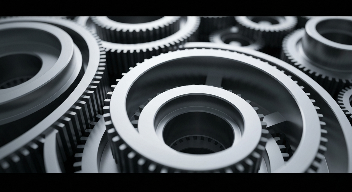 An extreme close-up of intricately designed metal gears and cogs in motion, conveying the complex financial machinery and infrastructure that powers Amazon's e-commerce operations.