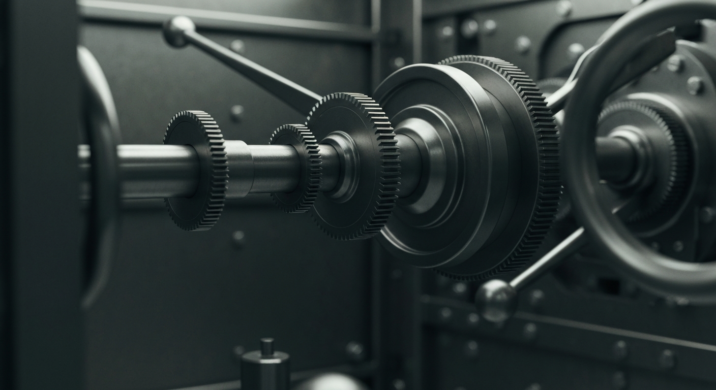 An extreme close-up of the intricate, heavy machinery and mechanisms inside a modern banking vault, conveying a sense of the secure, industrial infrastructure that underpins the global financial system.