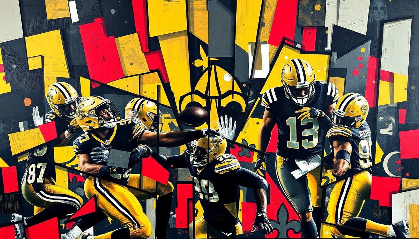 A cubist-style painting featuring overlapping geometric shapes and planes in dark navy, mustard yellow, and crimson red, representing the intensity and energy of the New Orleans Saints' pass rush and receiving corps.