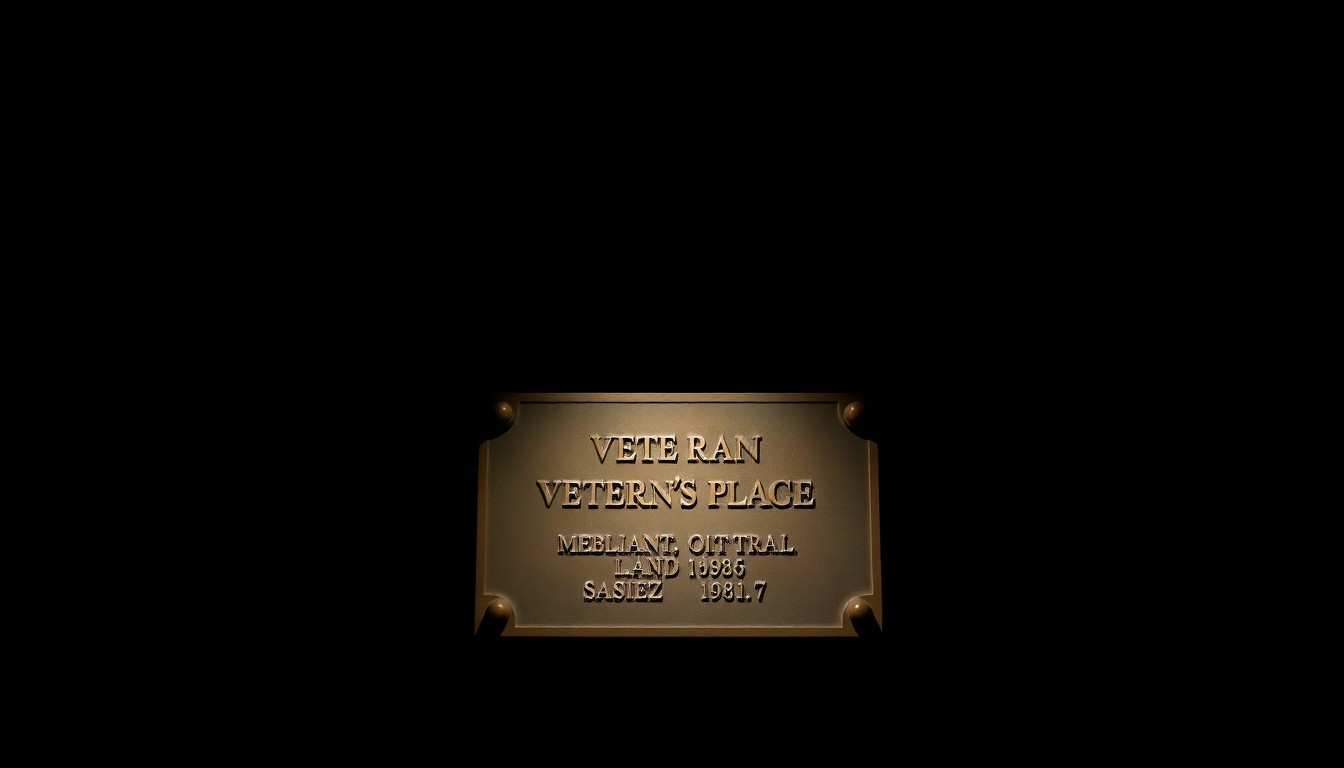 An extreme close-up photograph of a single bronze veteran's plaque, its surface texture and metallic sheen dramatically illuminated against a pitch-black backdrop, conceptually representing the violation of these sacred final resting places.